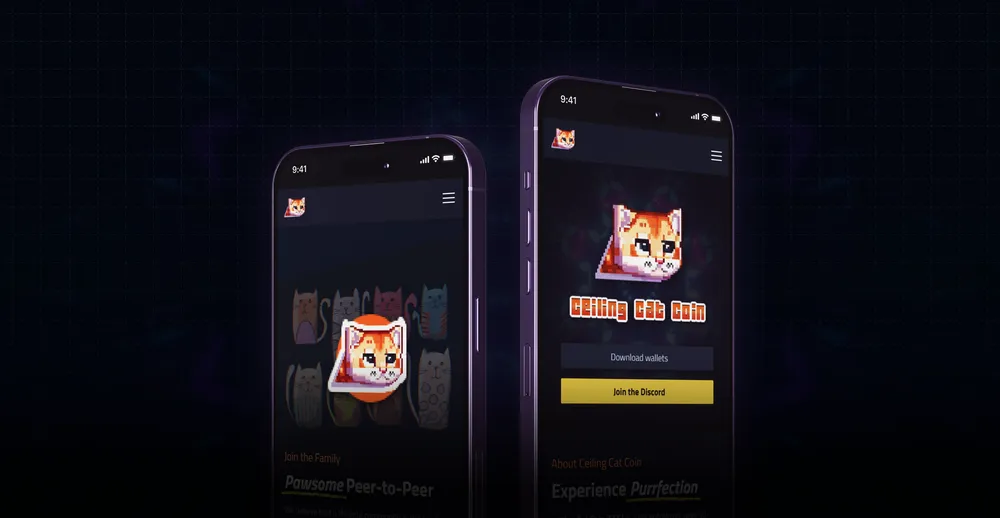 Two iPhone 14's showing Ceiling Cat Coin's website on Safari. The devices are superimposed on the dark background.