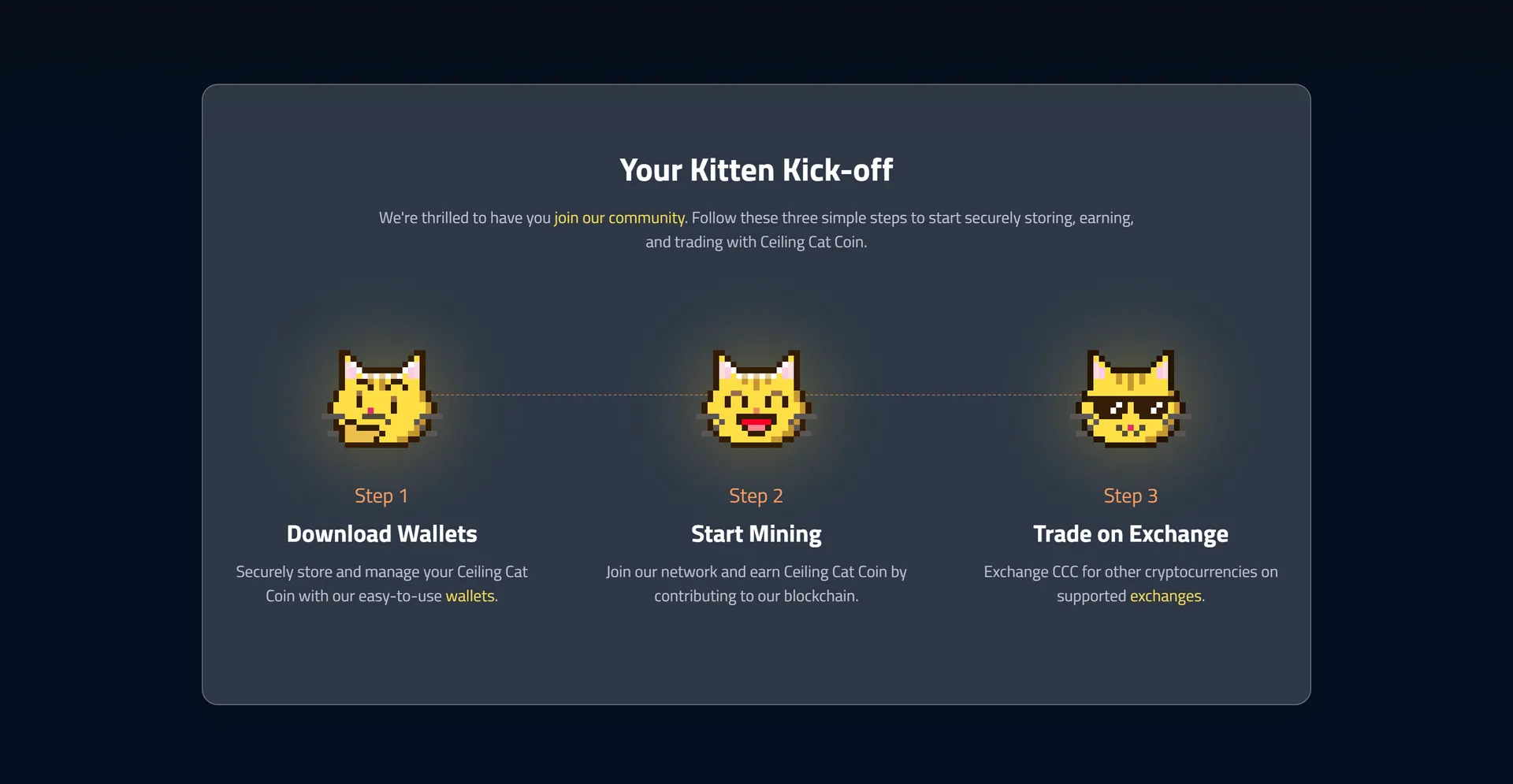 A section on Ceiling Cat Coin's website showcasing the steps to get involved with the community.