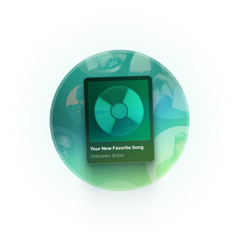 A card displaying a CD labeled 'Your New Favorite Song' by 'Unknown Artist,' set against a greenish-cyan circular background with pictures of popular artists.