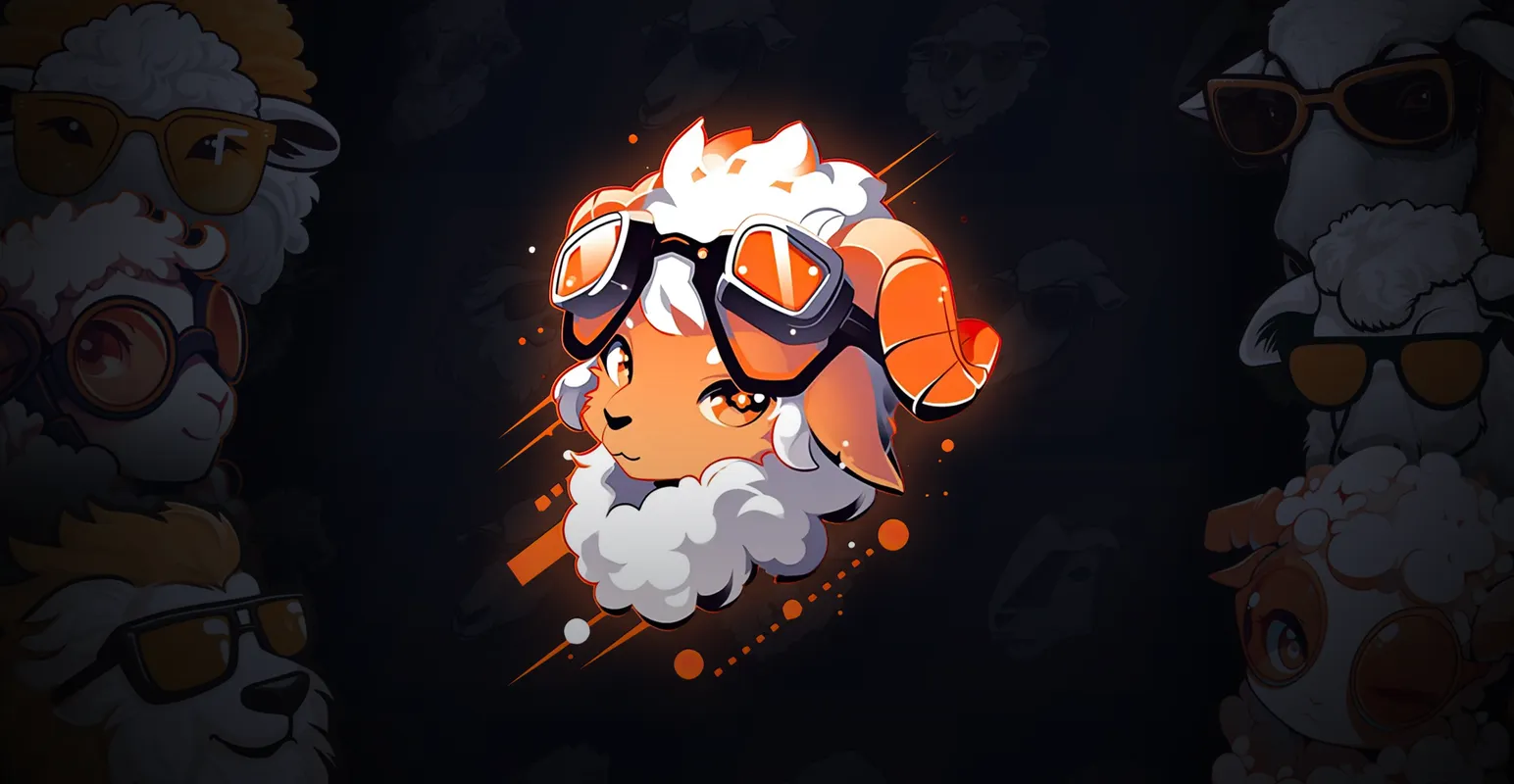 Digital art illustration of a lamb wearing goggles. It is surrounded by other lambs wearing either goggles or sunglasses, drawn in various art styles. The background is dark blue.