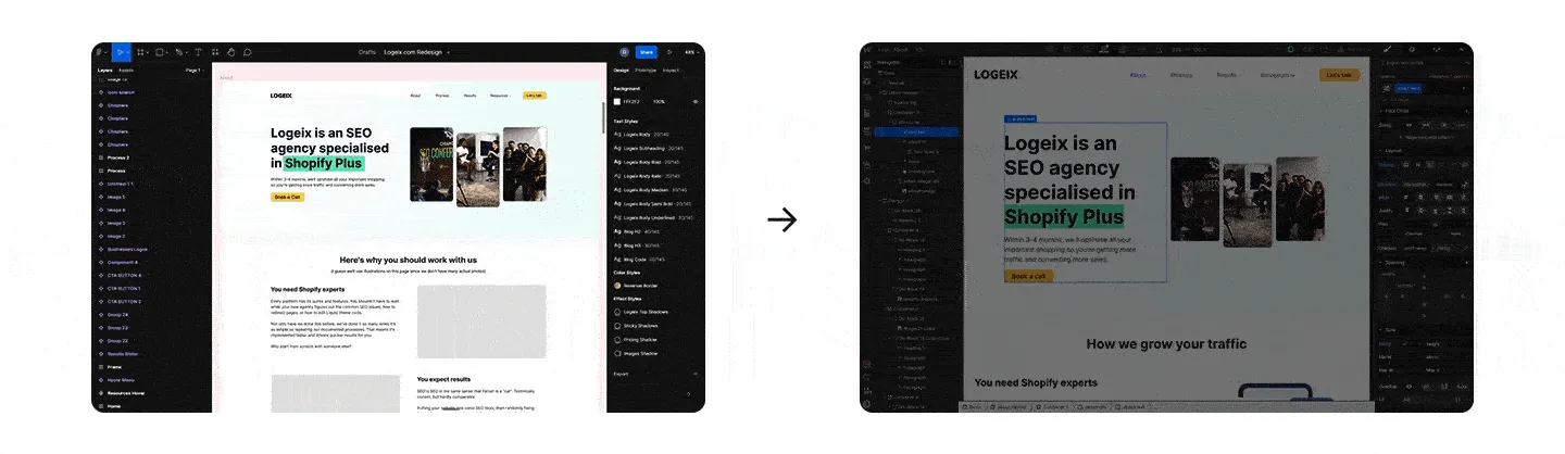 Animated gif showing the transition between Figma and Webflow when building Logeix's site