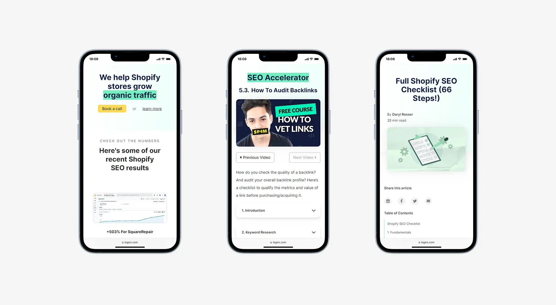 Mobile mock-ups of three webpages on Logeix