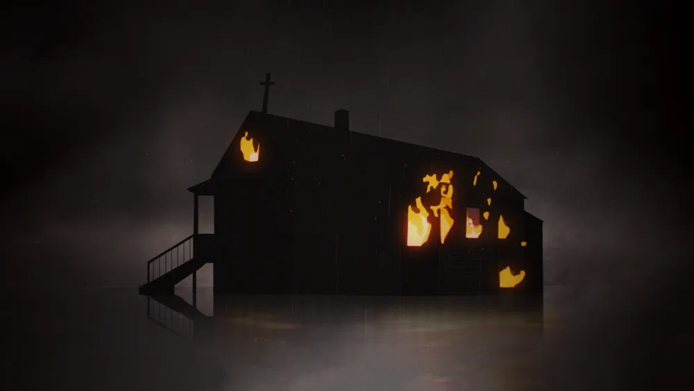 Silhouette of the Kanye West's childhood home on fire, with a cross on the roof. The house is surrounded by water and there are flames coming out of the windows.