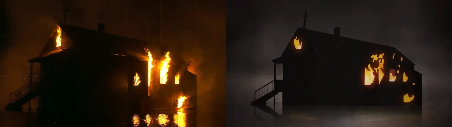 Comparison between a sketch and a photo of Kanye West's childhood home from the Donda 2 listening party. The house is burning, with flames coming out from the windows.