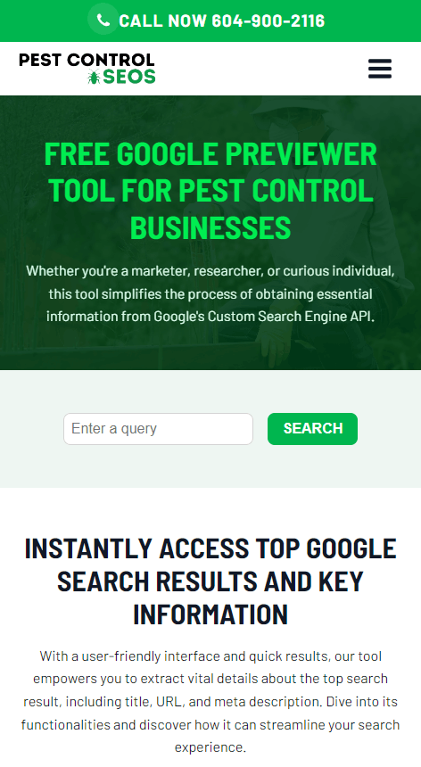 Example of PestControlSEOs' web-based tool